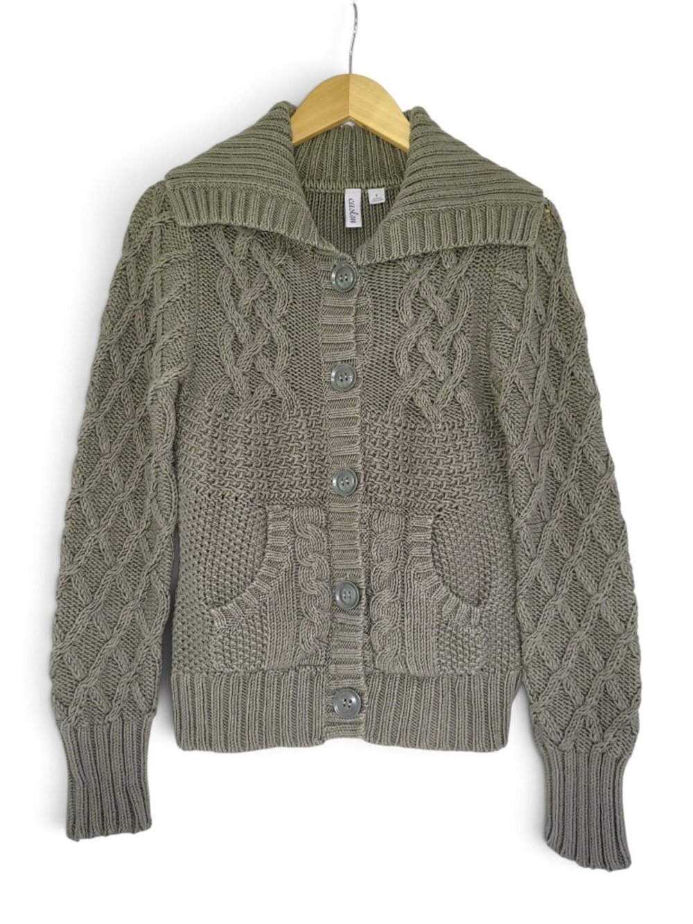Vintage Caslon Cable Knit Cardigan Olive Green Shawl Collar Hong Kong Made